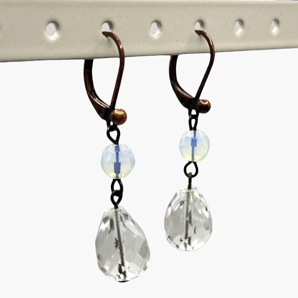 Copper Tone Crystal Dangle Earrings Tone Lever Back Pierced Drop Retro Antiqued